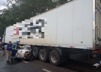 Mulher morre após bater carro contra placa de sinalização e caminhão na PR-444, em Arapongas