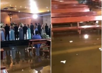 Noivos se casam em igreja alagada após temporal em MG; VÍDEO