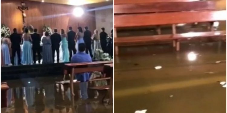 Noivos se casam em igreja alagada após temporal em MG; VÍDEO