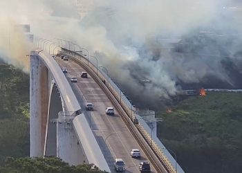Fogo em vegetação queima fios de iluminação da Ponte Internacional da Amizade