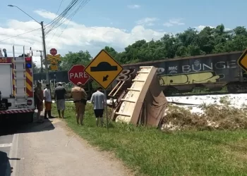 Caminhão fica destruído ao bater contra trem em Morretes