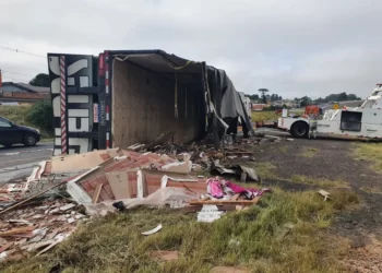 Câmera registra momento em que caminhão tomba na PR-151; mulher morreu