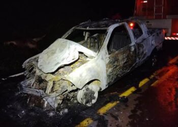 Carro pega fogo após atropelar vaca na PR-573, em Corbélia
