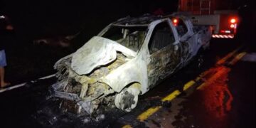 Carro pega fogo após atropelar vaca na PR-573, em Corbélia