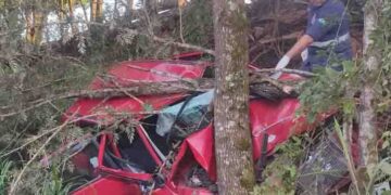 Carro fica destruído em acidente na PR-487, em Manoel Ribas