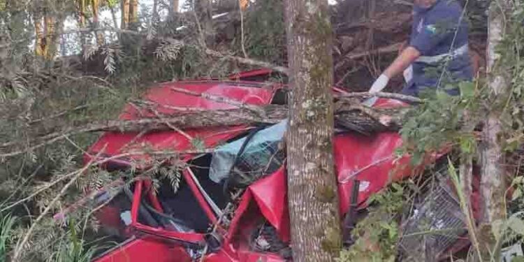 Carro fica destruído em acidente na PR-487, em Manoel Ribas
