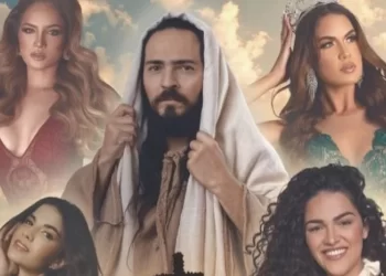 Cartaz da Paixão de Cristo mostra Jesus rodeado de mulheres com lingerie