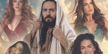Cartaz da Paixão de Cristo mostra Jesus rodeado de mulheres com lingerie