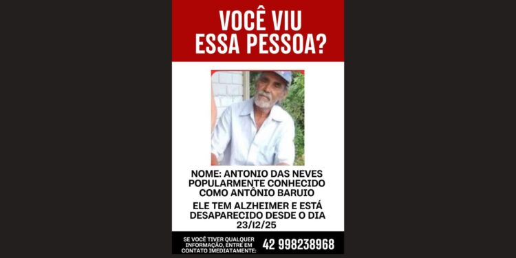 Família procura Antônio das Neves, o “Baruio”, desaparecido desde 23 de dezembro em Campina do Simão